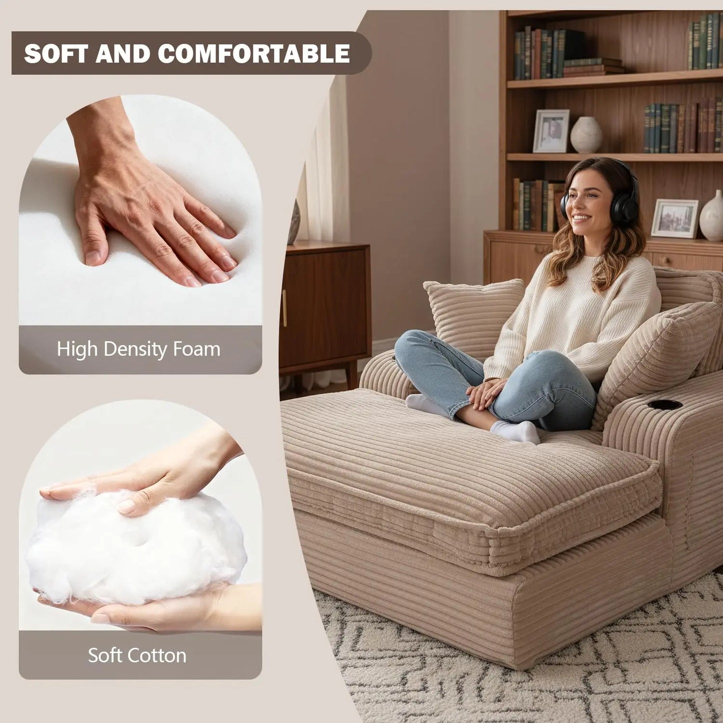 67" Oversized Chaise Lounge Chair Indoor, Soft Boneless Cloud Couch with 3 Pillows, 4 Side Pockets and 2 Cup, Customized