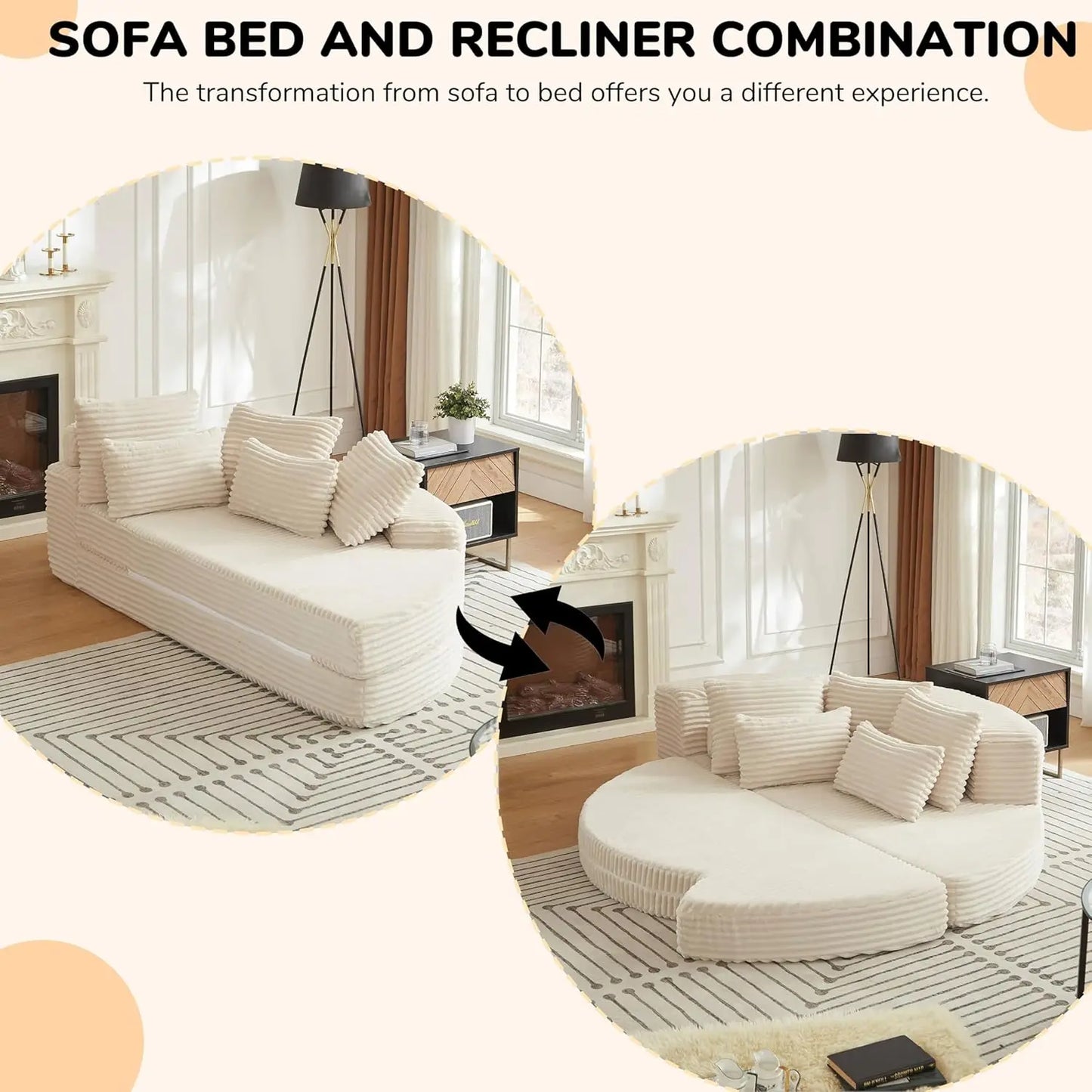 78.5”Folding Curved Chaise Lounge Chair Indoor, Modern Upholstered Lazy Corduroy Half Moon 2-in-1 Couch, 5 Neck, Customized