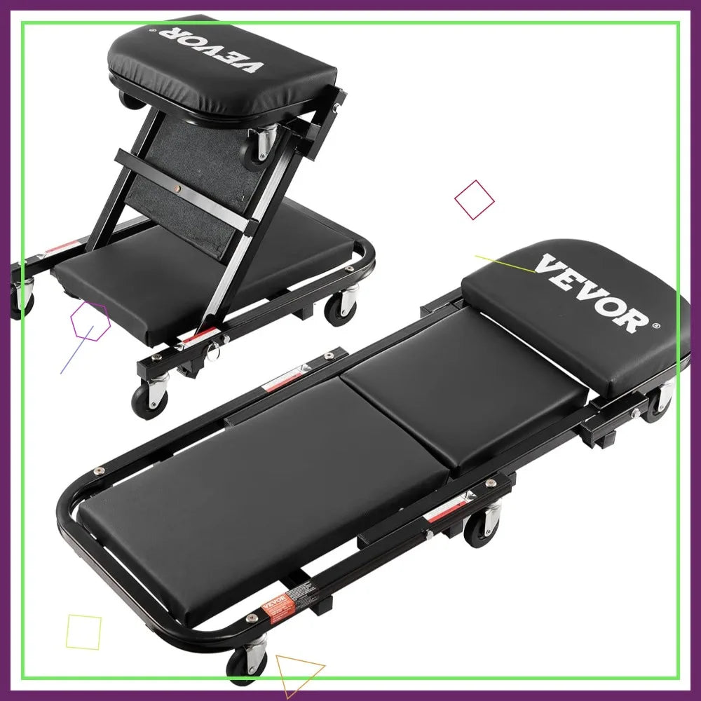 Foldable Garage Creeper 40in, 450lbs Capacity, 6 Wheels Padded Seat Steel Frame, Mechanics Stool for Shop Home
