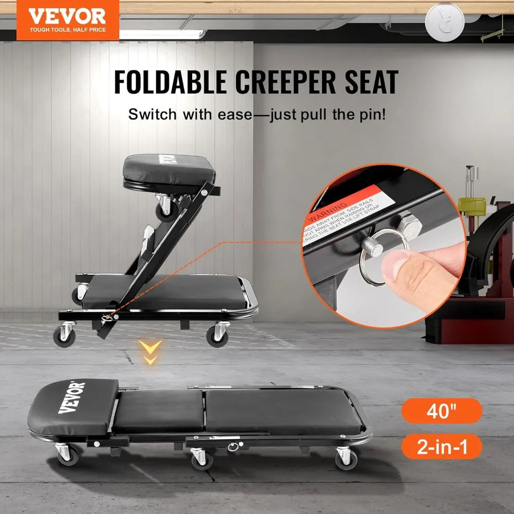 Foldable Garage Creeper 40in, 450lbs Capacity, 6 Wheels Padded Seat Steel Frame, Mechanics Stool for Shop Home