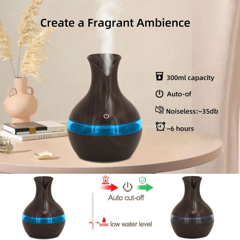 300ml USB Aromatherapy Humidifier Touch Control with 2 Essential Oils Portable for Travel Workspace Home