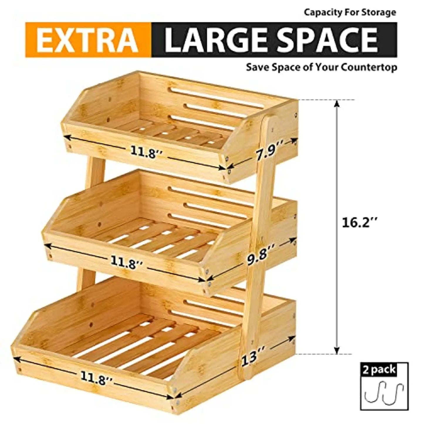 Bamboo 3 Tier Kitchen Fruit Basket With Banana Hangers