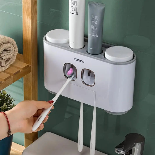 Wall Mounted Toothbrush Holder with Automatic Toothpaste Dispenser, 4 Cups & 5 Slots for Bathroom Organization