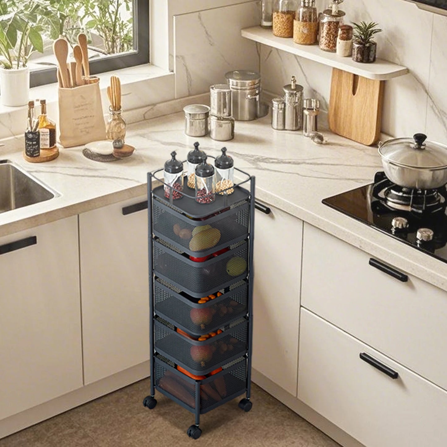 HobbyLane Five Layer Rotatable Trolley Storage Rack Steel Kitchen Organizer