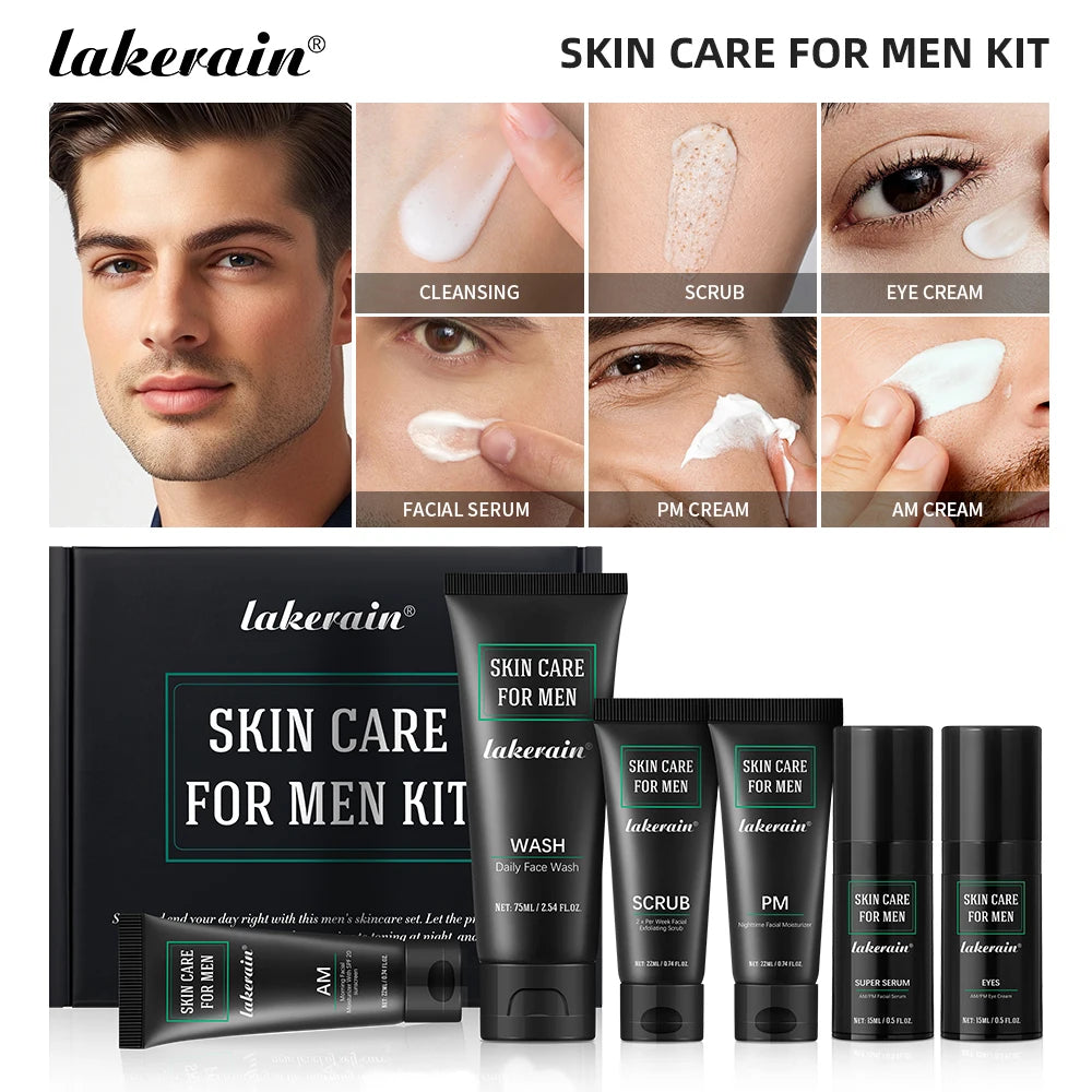 Lakerain Skin Care for Men Kit Oil Control Skin Firming Increase Hydrate Smooth Deep Cleaning Face Set Travel Skin Care Kit