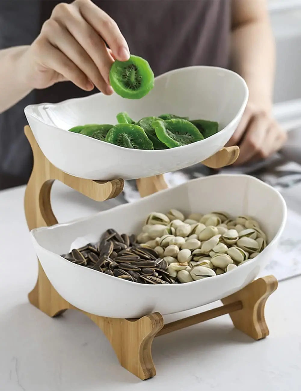 2-Tier Ceramic Fruit Bowl With Bamboo Stand For Kitchen Wedding