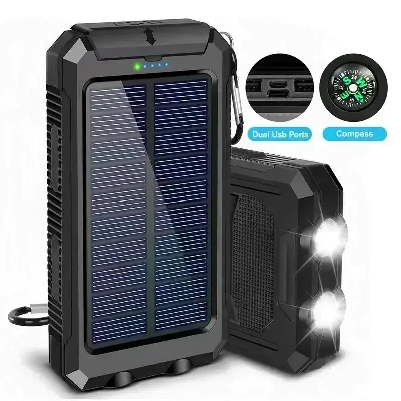 Solar Power Bank 10000mAh Fast Charging Dual USB IP65 Waterproof Shockproof External Charger