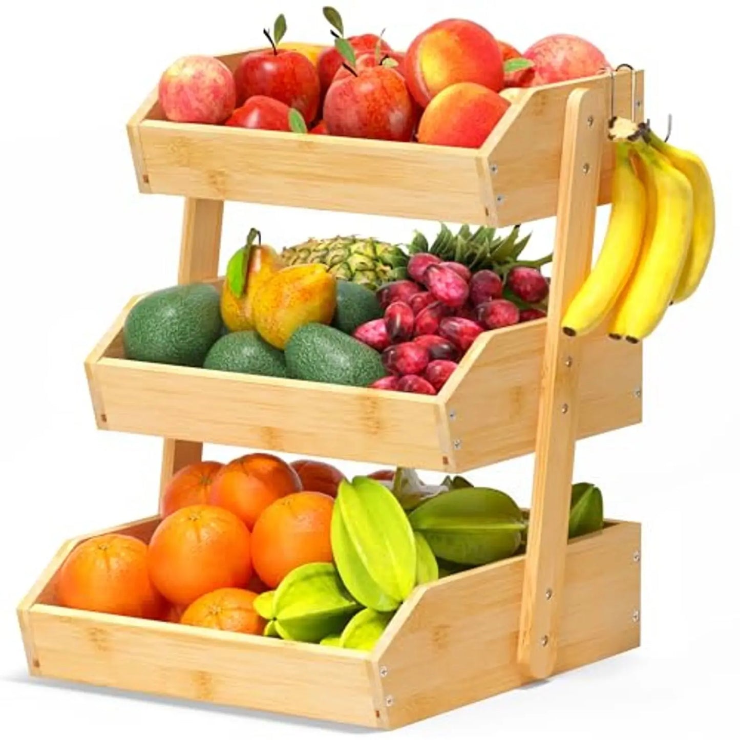 Bamboo 3 Tier Kitchen Fruit Basket With Banana Hangers