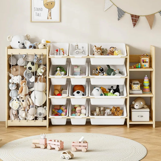 3-in-1 Toy Storage Organizer, Stuffed Animal Holder & 3-Tier Bookcase, Solid Wood Toy Organizer with 12 Storage Bins