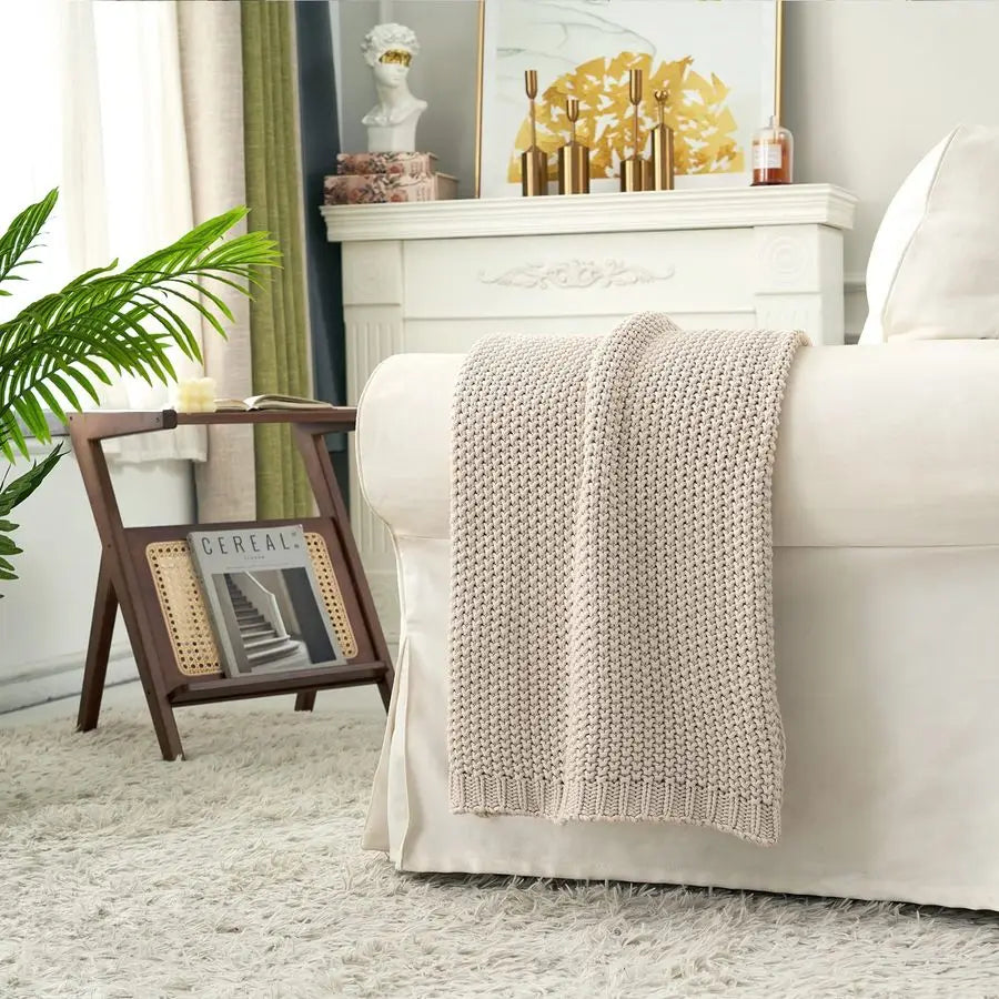 Cable Knit Throw Blanket Lightweight Beige 100 Organic Cotton Blanket for Sofa Couch Bed Baby Nursery, Rustic Shabby Chic Modern