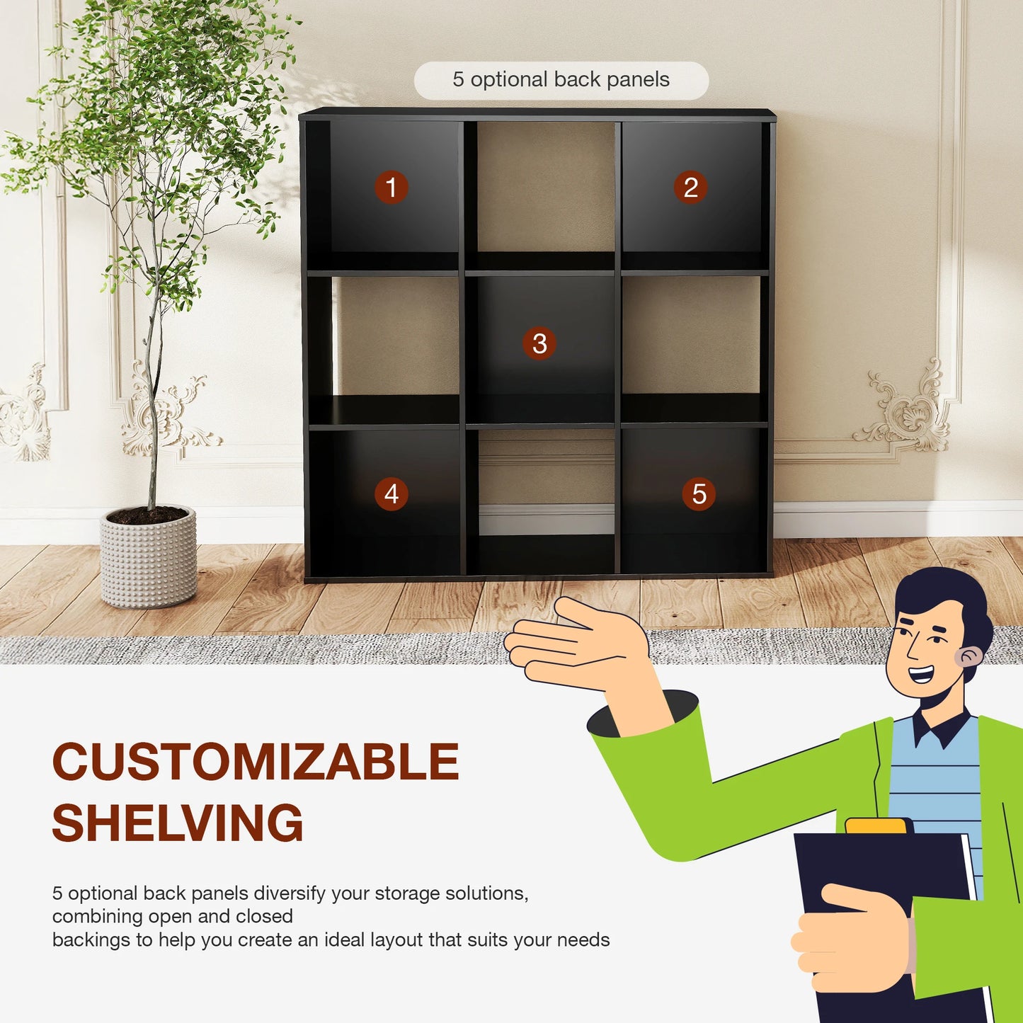 JHK 9 Cube Wood Storage Organizer Bookcase For Living Room