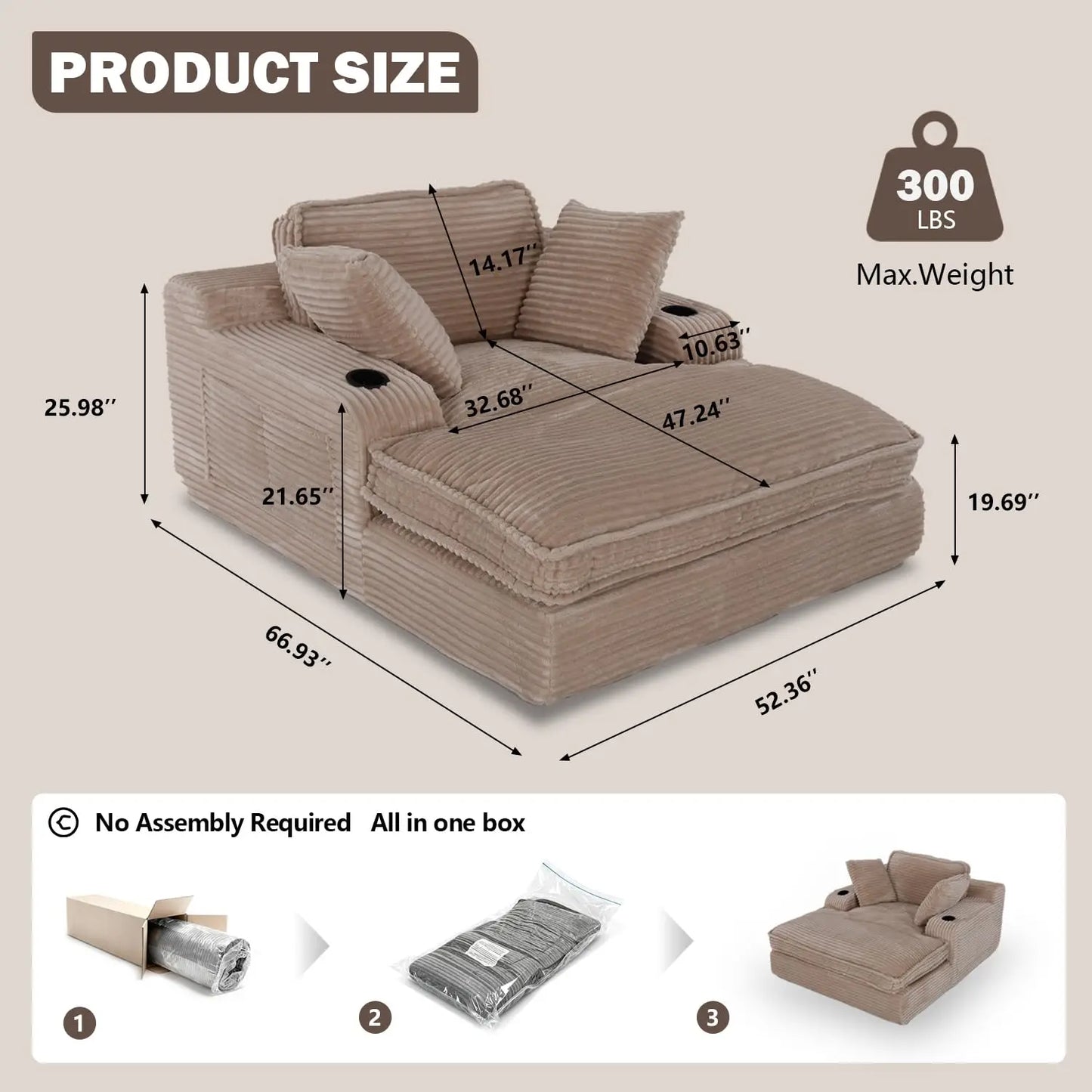 67" Oversized Chaise Lounge Chair Indoor, Soft Boneless Cloud Couch with 3 Pillows, 4 Side Pockets and 2 Cup, Customized