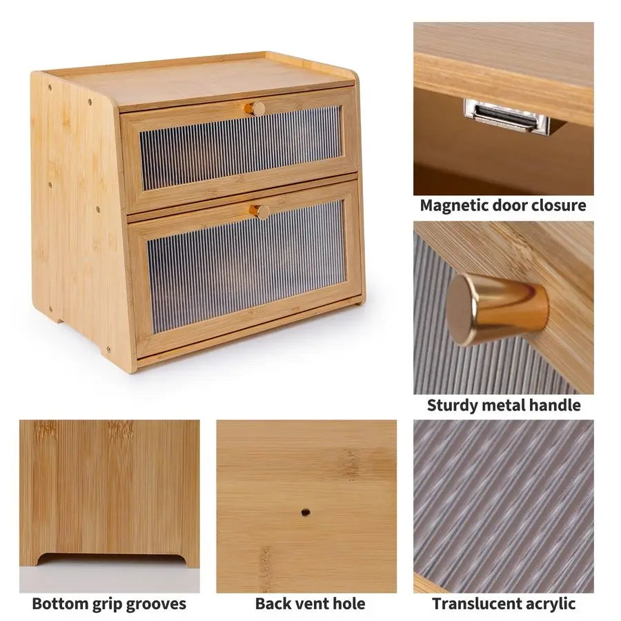 XMSJ Bamboo Bread Box Two-Tier With Window Large Capacity