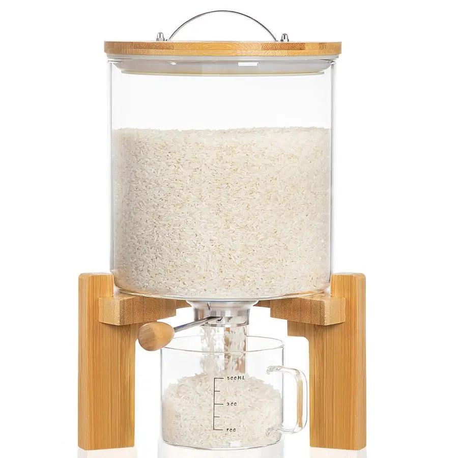 Glass Rice Dispenser With Wooden Stand And Measuring Cup