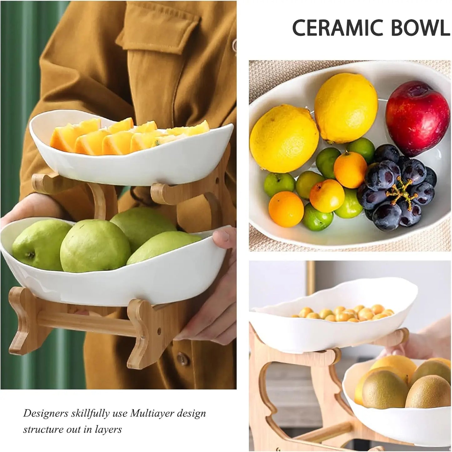 2-Tier Ceramic Fruit Bowl With Bamboo Stand For Kitchen Wedding