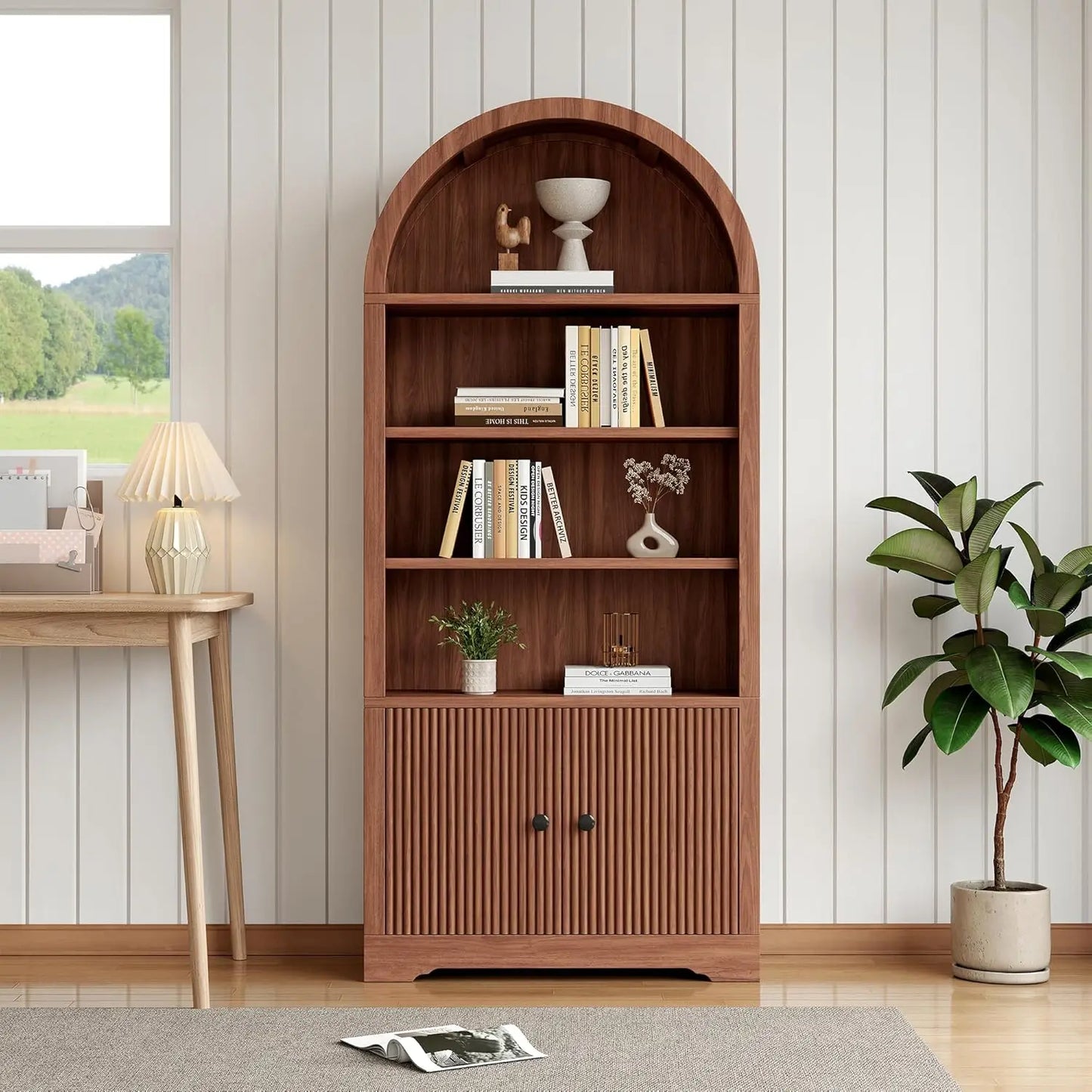 Arched Bookcase With Storage Door Included Six Tier Freestanding Cabinet