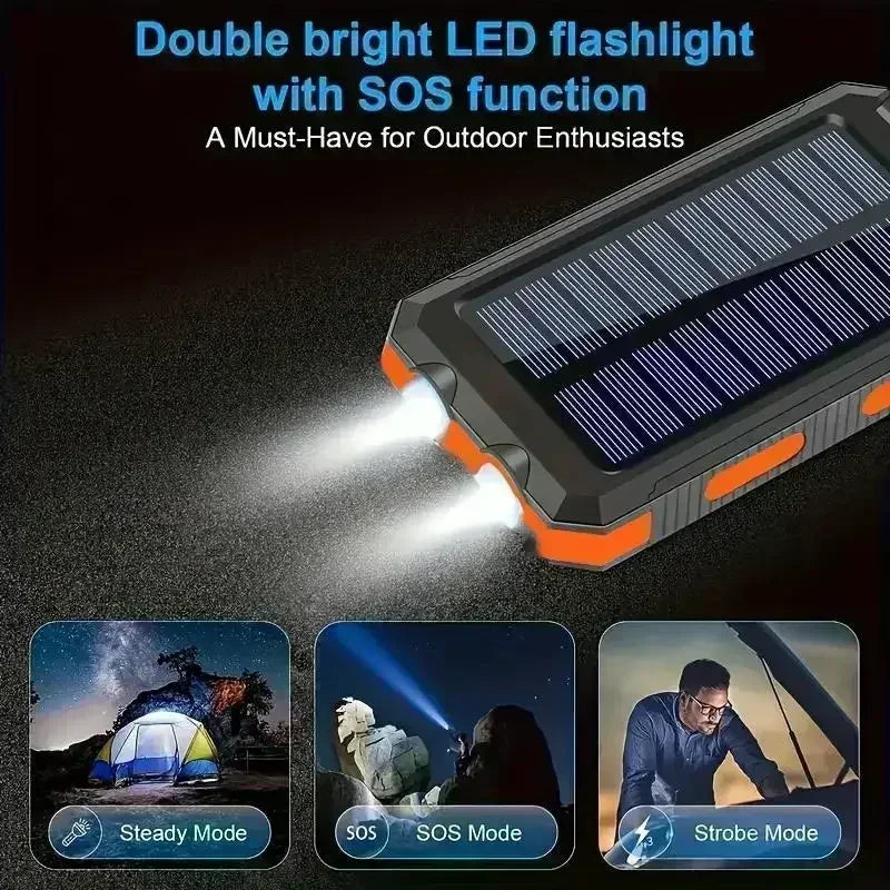 Solar Power Bank 10000mAh Fast Charging Dual USB IP65 Waterproof Shockproof External Charger