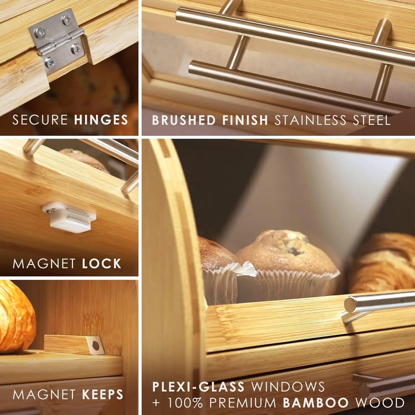 Bamboo Bread Box With Clear Windows And Air Vents Storage
