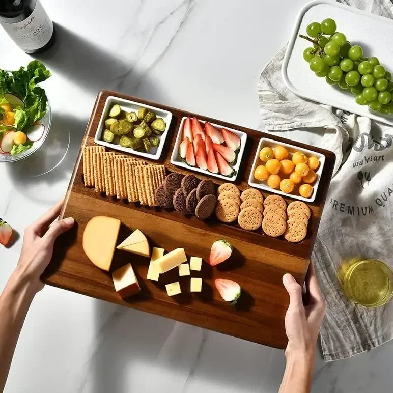 Acacia Wood Charcuterie Board Set With 3 Removable Ceramic Bowls