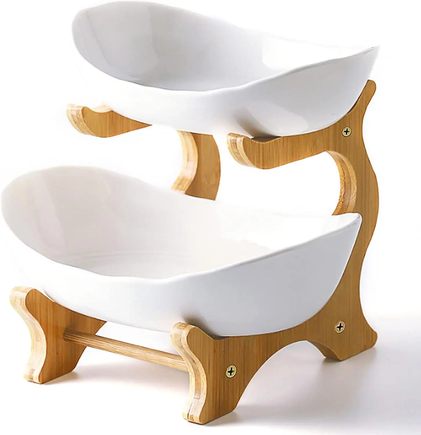 2-Tier Ceramic Fruit Bowl With Bamboo Stand For Kitchen Wedding