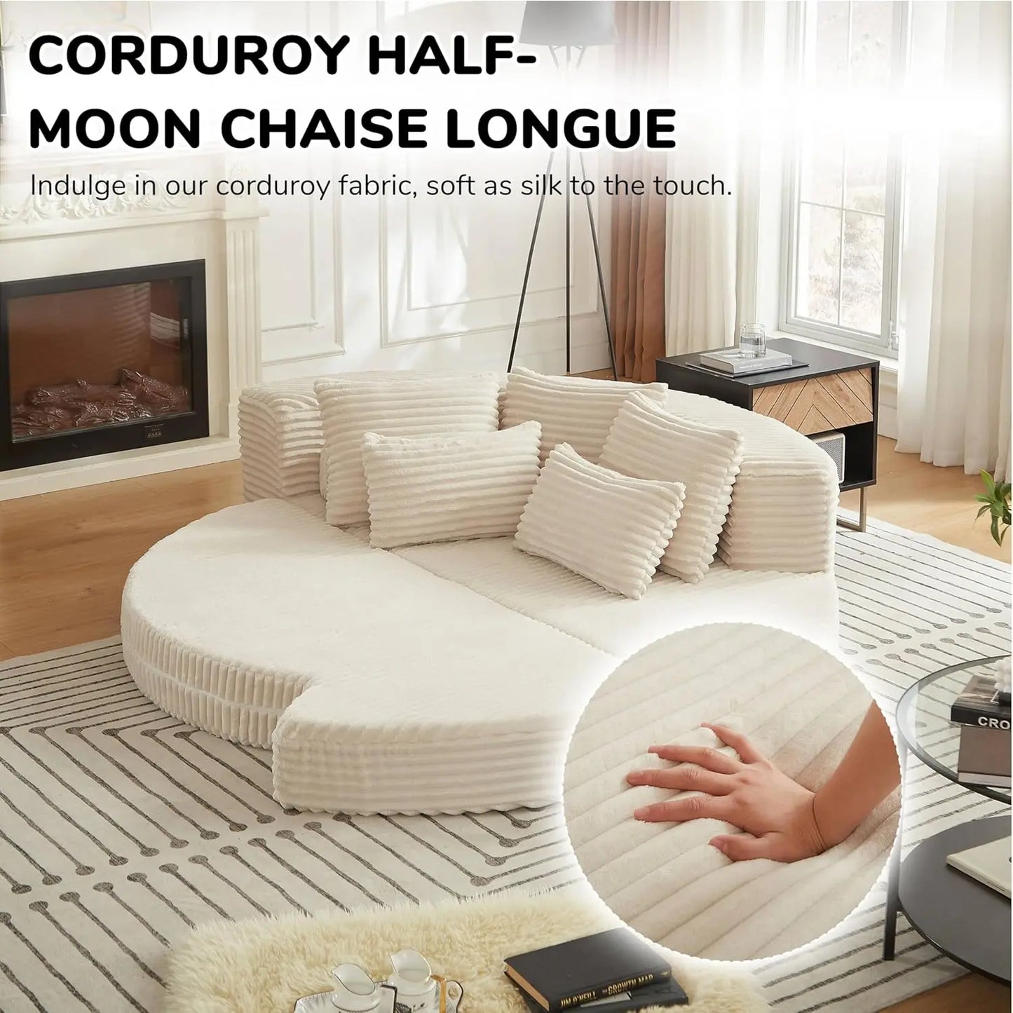 78.5”Folding Curved Chaise Lounge Chair Indoor, Modern Upholstered Lazy Corduroy Half Moon 2-in-1 Couch, 5 Neck, Customized