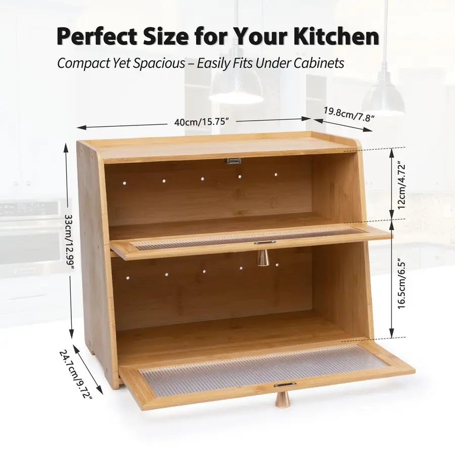 XMSJ Bamboo Bread Box Two-Tier With Window Large Capacity