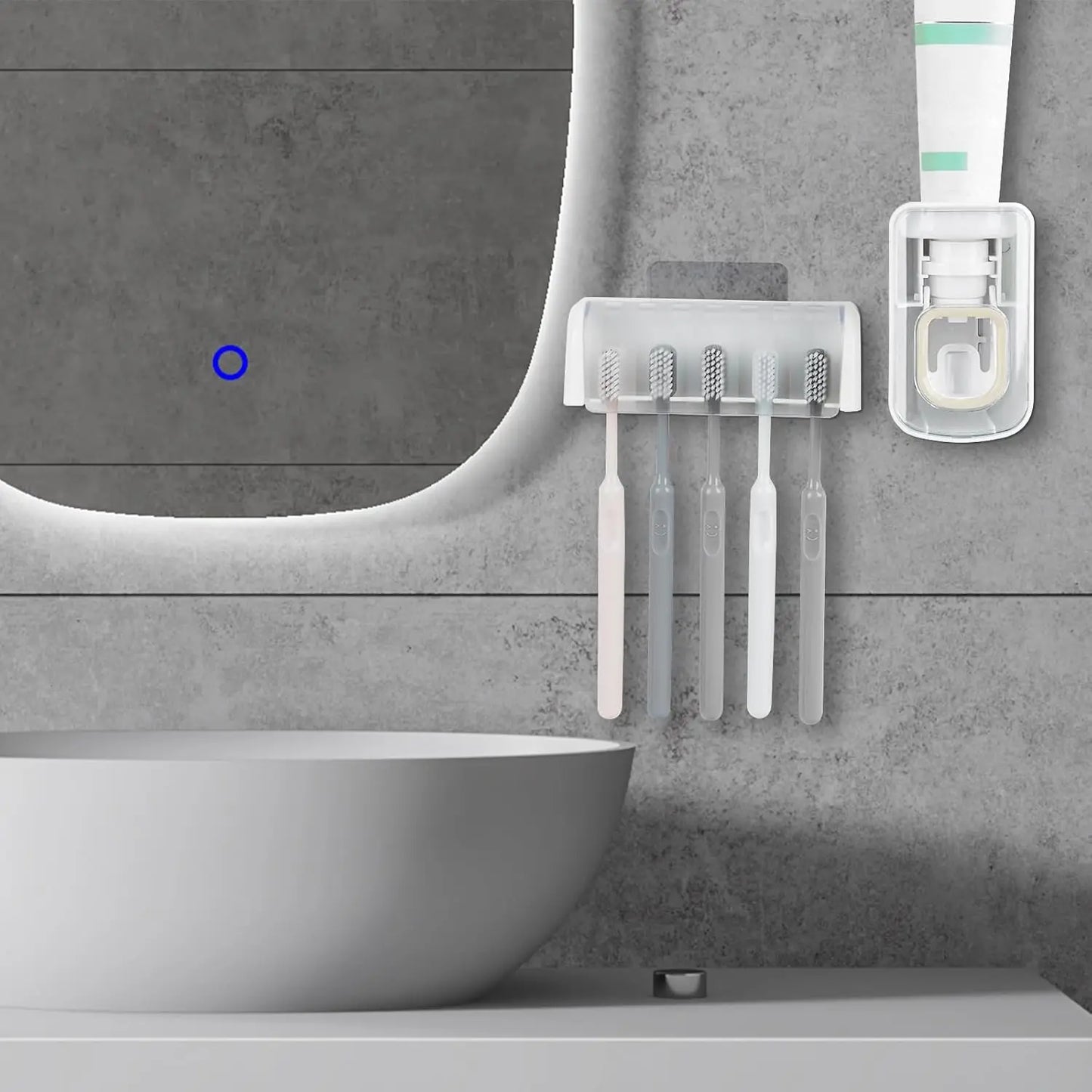 5-Slot Wall Mount Toothbrush Holder with Cover, Self-Adhesive Organizer for Shower, Automatic Toothpaste Dispenser