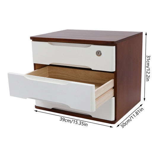 Wooden Desktop Storage Box Organizer With Lockable Drawers