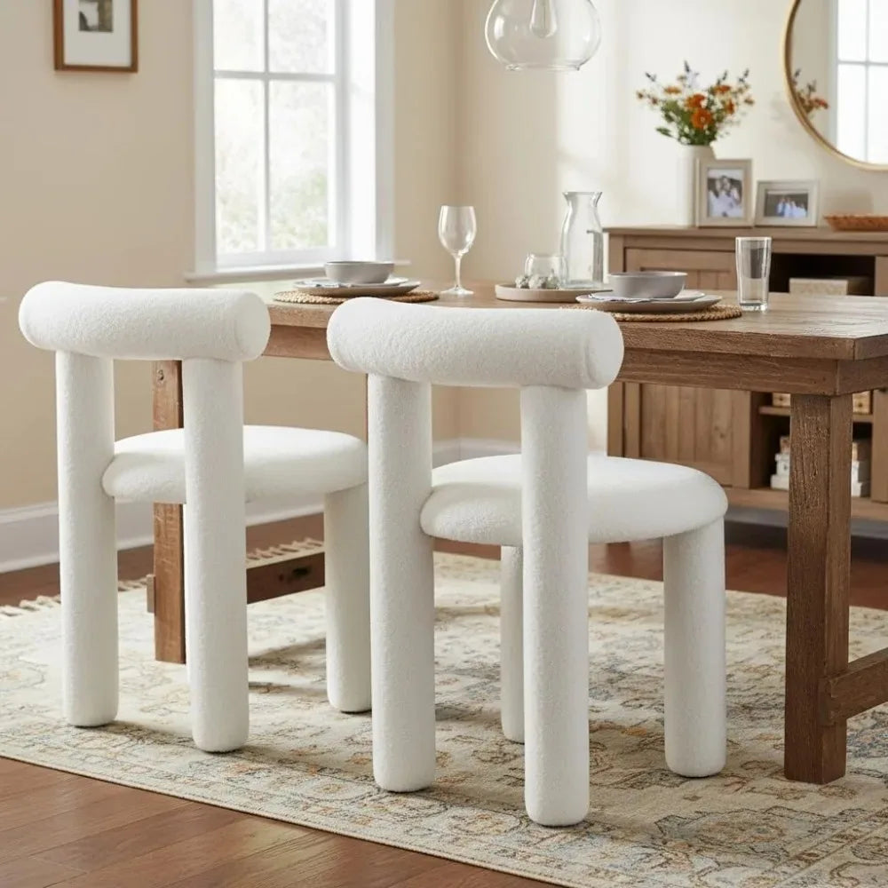 Modern White Boucle Dining Chairs Set of 2, Sherpa Upholstered Armless Barrel Back Kitchen Living Room Chairs