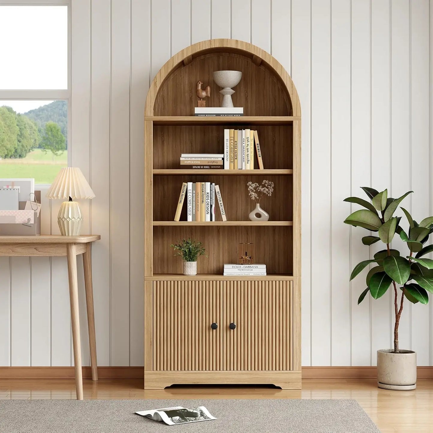 Arched Bookcase With Storage Door Included Six Tier Freestanding Cabinet