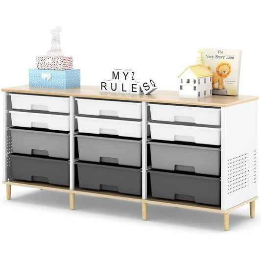 Drawers Storage Cabinet with Wooden Top and Plastic Bins, Toy Storage Organizer Toy Shelf Storage Chest Cubby Organizer for Hom