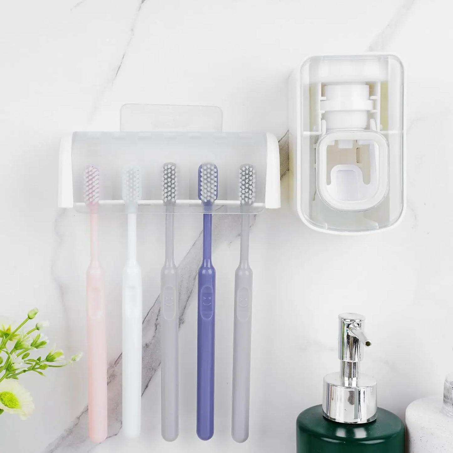 5-Slot Wall Mount Toothbrush Holder with Cover, Self-Adhesive Organizer for Shower, Automatic Toothpaste Dispenser
