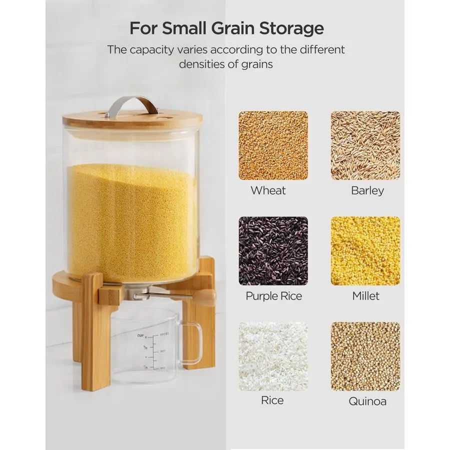 Glass Rice Dispenser With Wooden Stand And Measuring Cup
