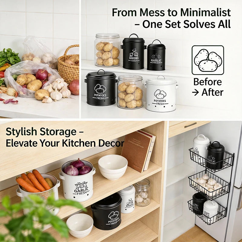 Metal Potato Onion Garlic Storage Containers With Secure Airflow Lids