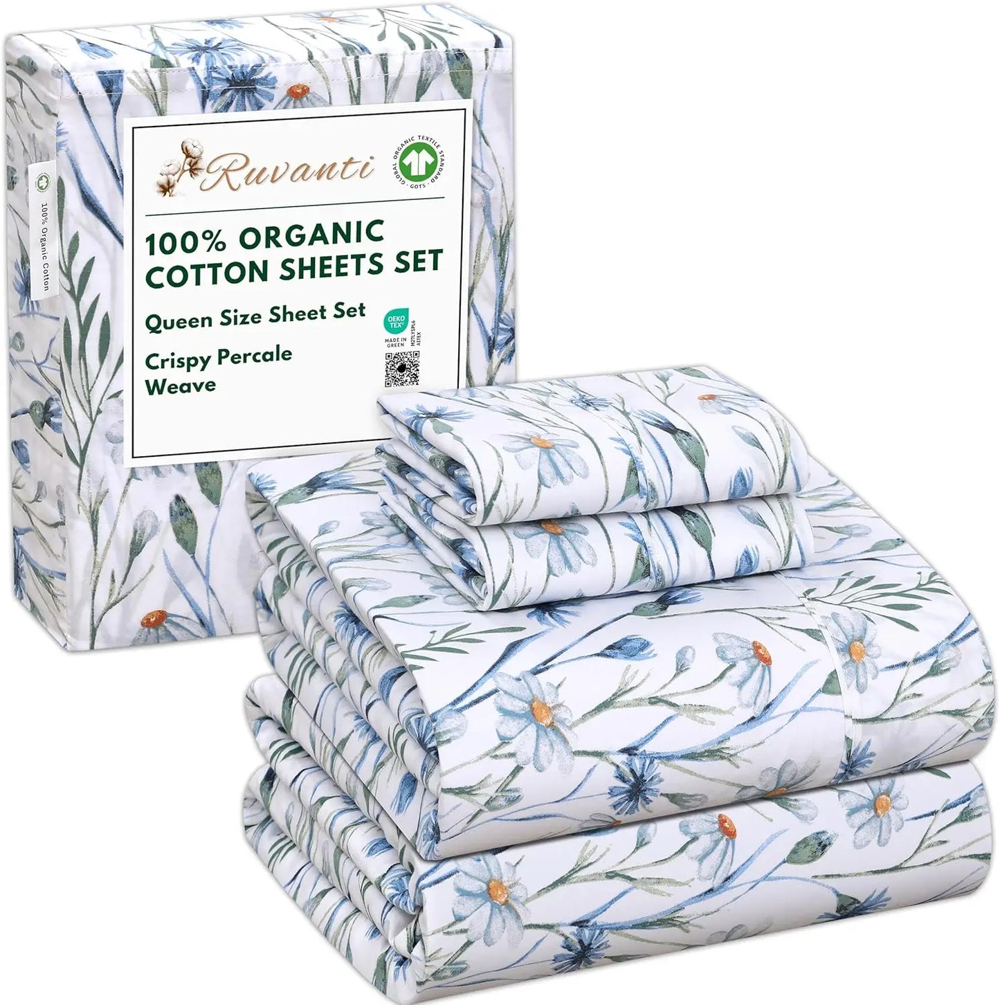 Queen Size Organic Cotton Sheets, Percale Weave, GOTS Certified, 4-Piece Set with Deep Pocket, Crisp & Breathable Bedding