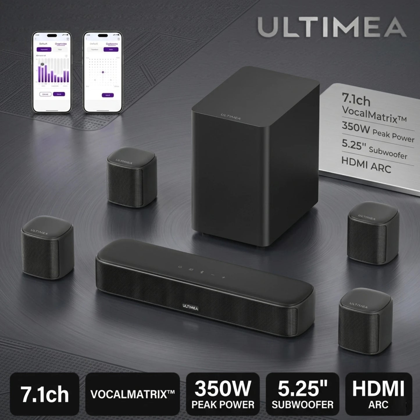 ULTIMEA 350W 7.1ch Virtual Surround Soundbar, Home Theater TV Sound Bar with Subwoofer&4 Surround Speakers, Smart App Control