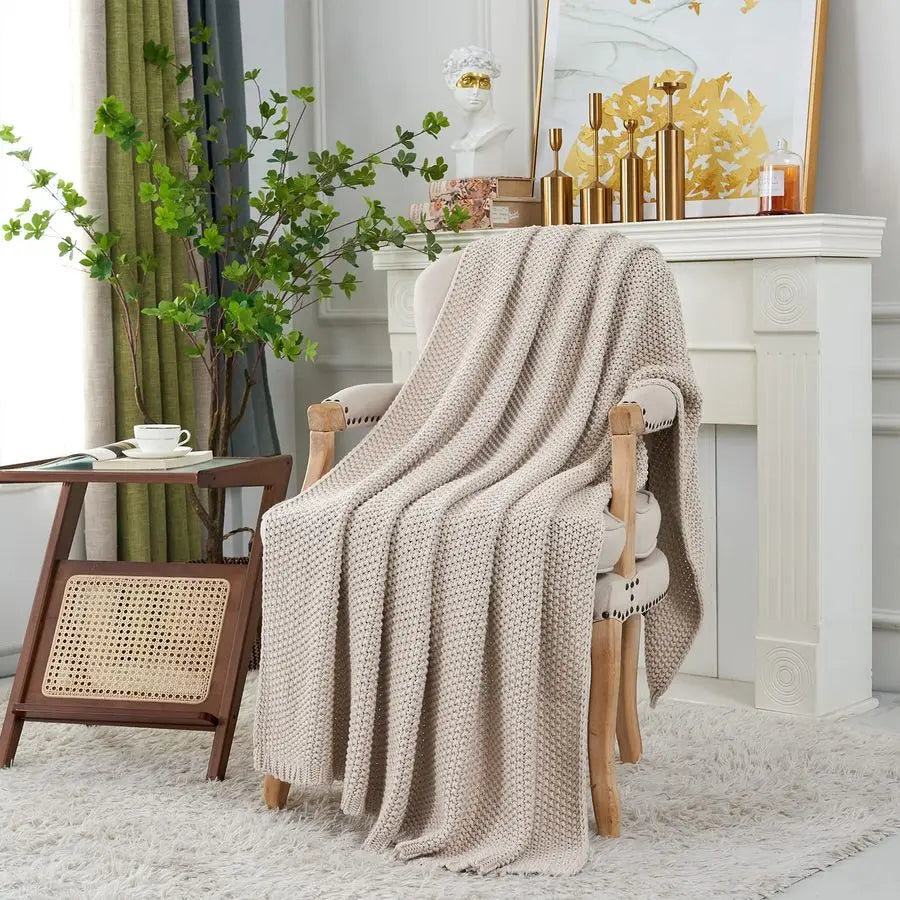 Cable Knit Throw Blanket Lightweight Beige 100 Organic Cotton Blanket for Sofa Couch Bed Baby Nursery, Rustic Shabby Chic Modern