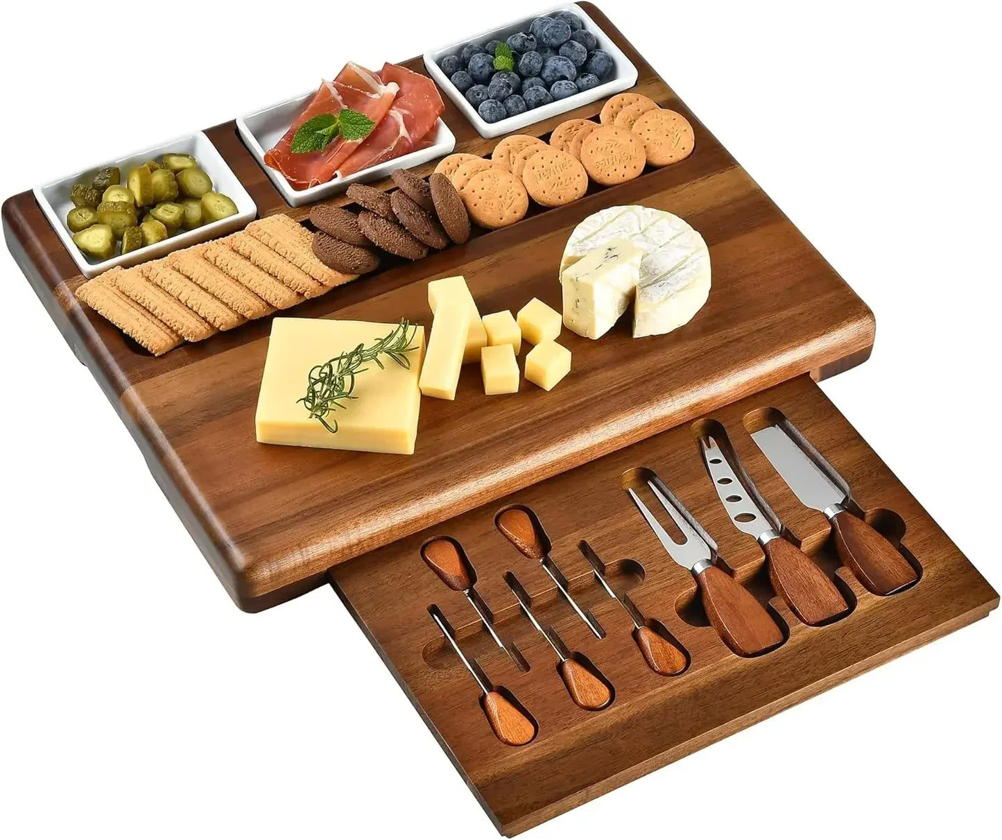 Acacia Wood Charcuterie Board Set With 3 Removable Ceramic Bowls