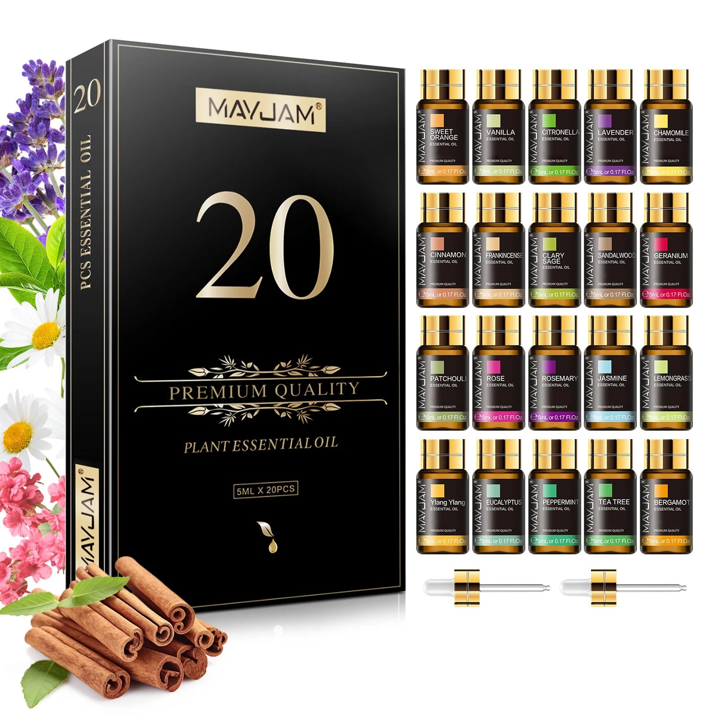 MAYJAM 20 Bottles Essential Oils Gift Box Lavender Jasmine Eucalyptus Vanilla Patchouli Citronella Sandalwood Rose Orange Scents