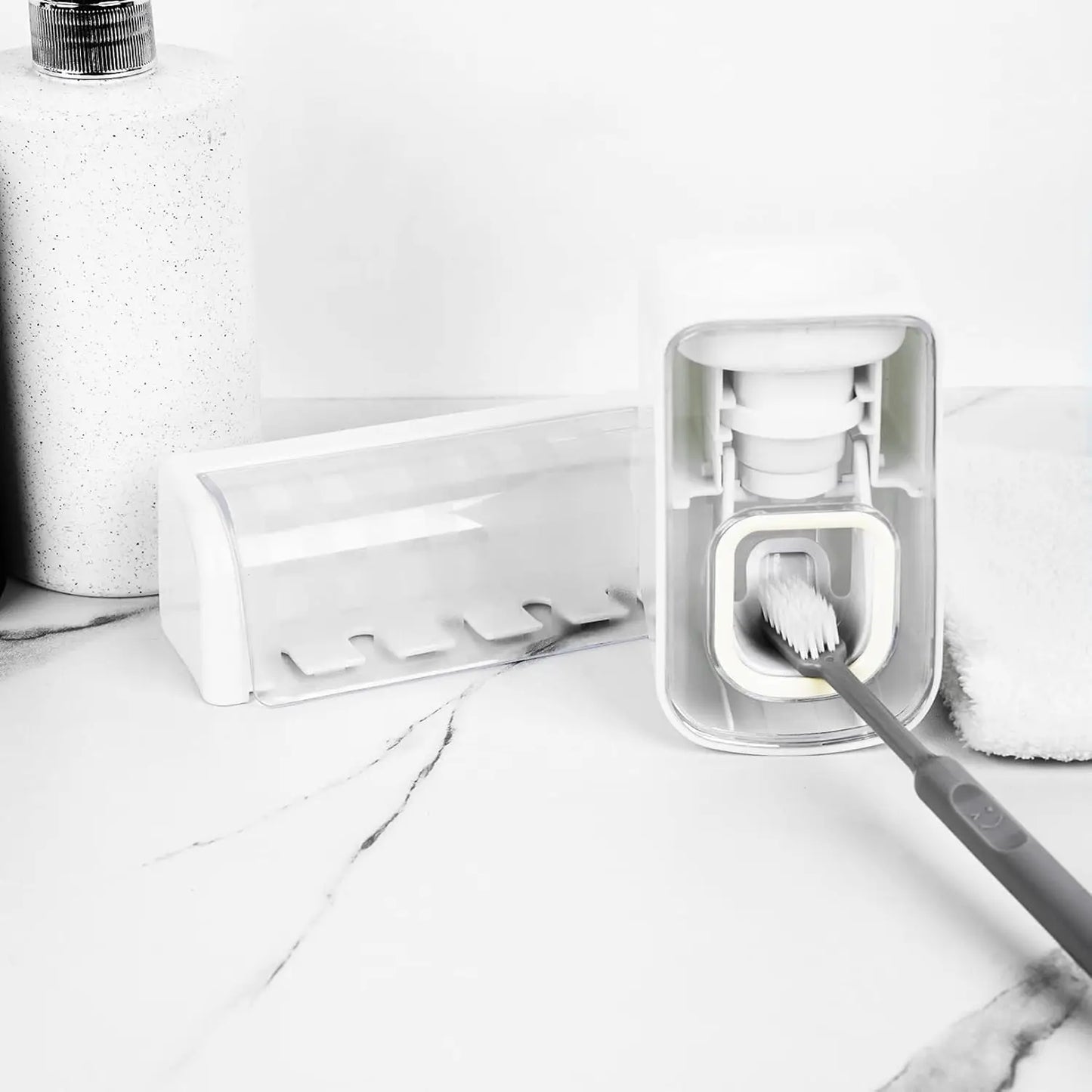 5-Slot Wall Mount Toothbrush Holder with Cover, Self-Adhesive Organizer for Shower, Automatic Toothpaste Dispenser