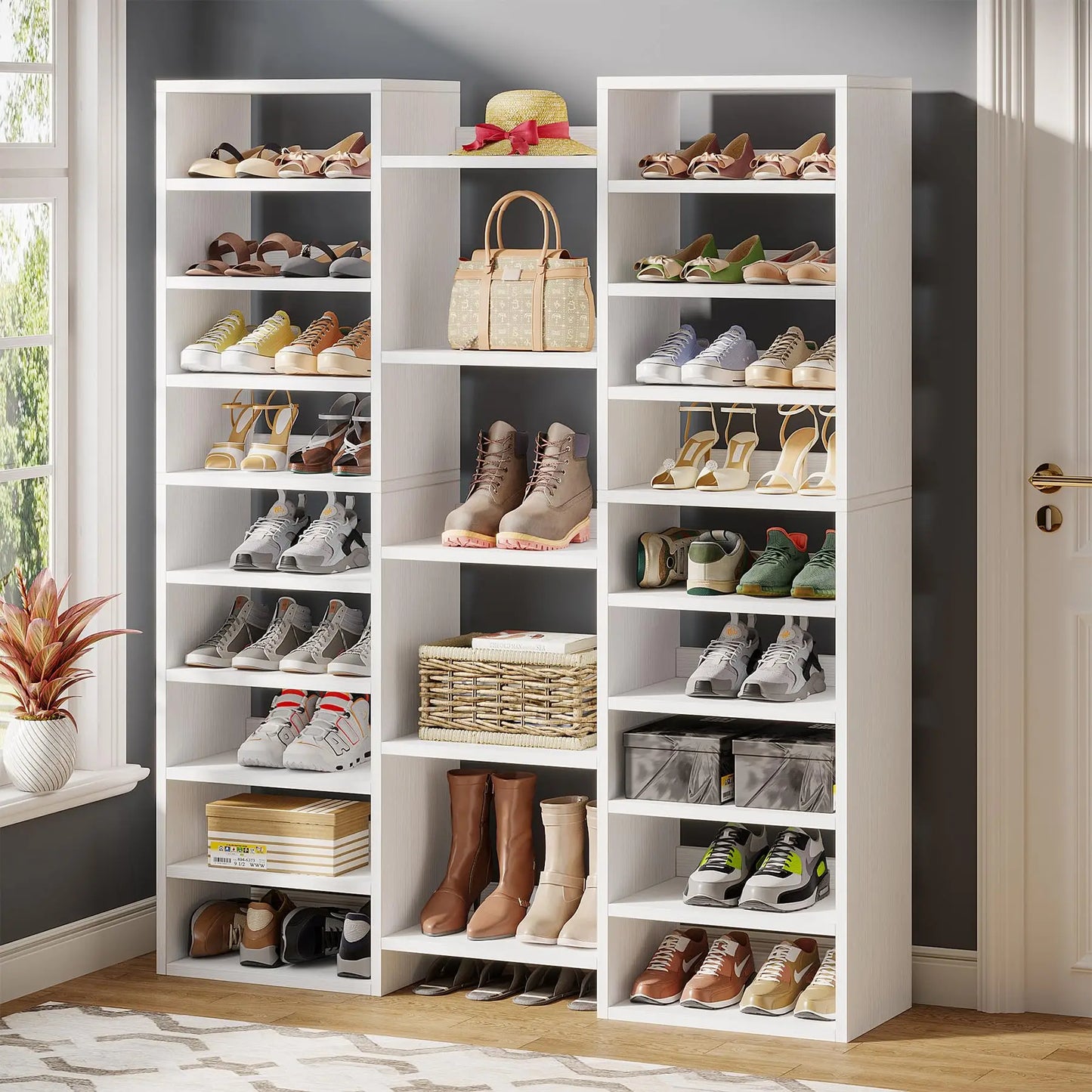14-Tier Freestanding Wood Shoe Rack Storage Cabinet