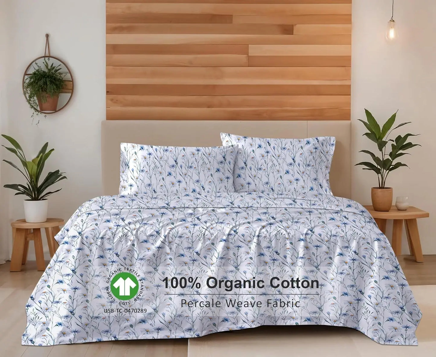 Queen Size Organic Cotton Sheets, Percale Weave, GOTS Certified, 4-Piece Set with Deep Pocket, Crisp & Breathable Bedding