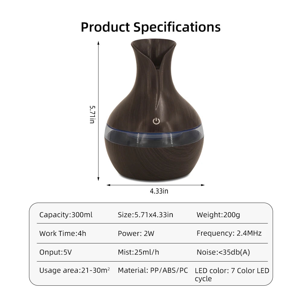 300ml USB Aromatherapy Humidifier Touch Control with 2 Essential Oils Portable for Travel Workspace Home