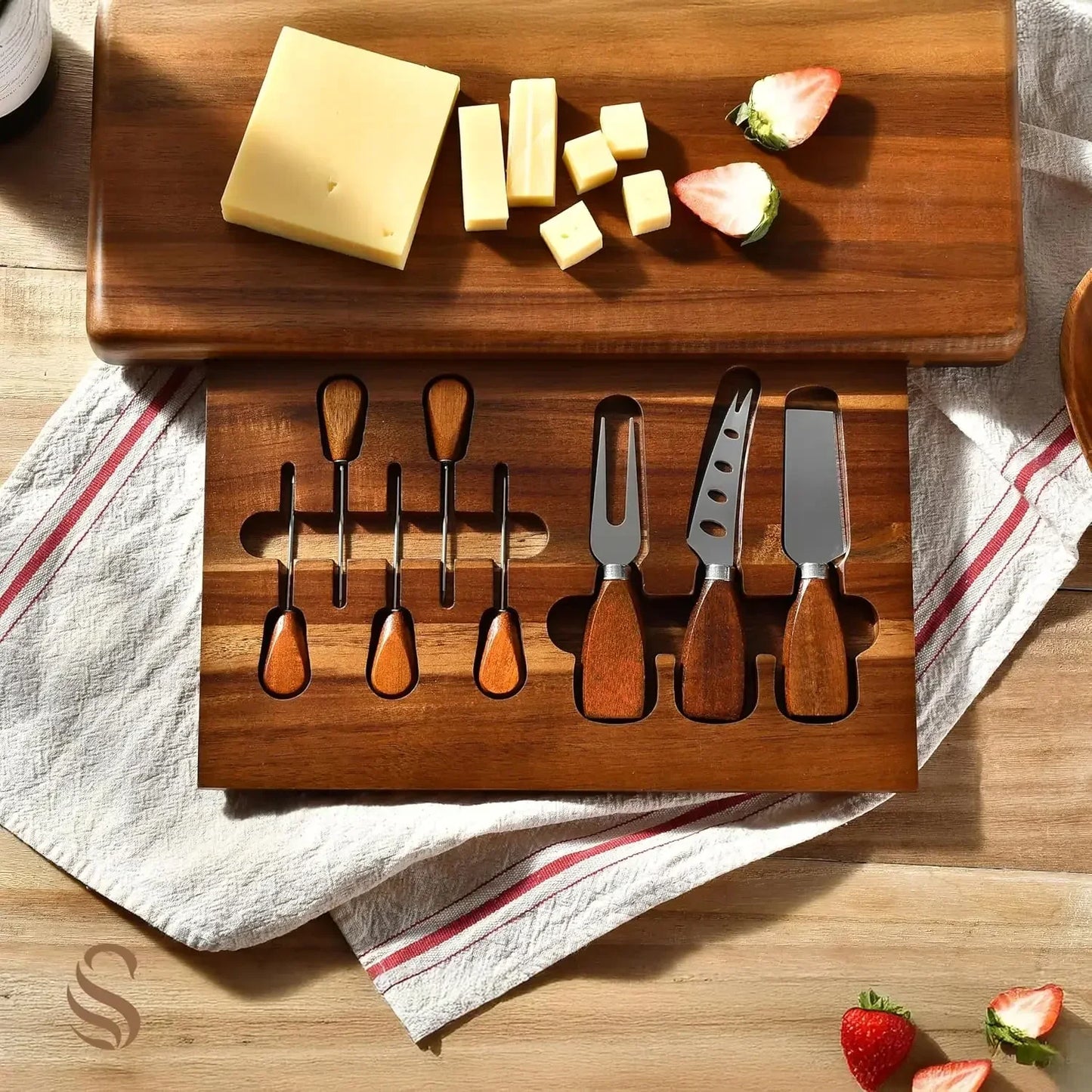 Acacia Wood Charcuterie Board Set With 3 Removable Ceramic Bowls